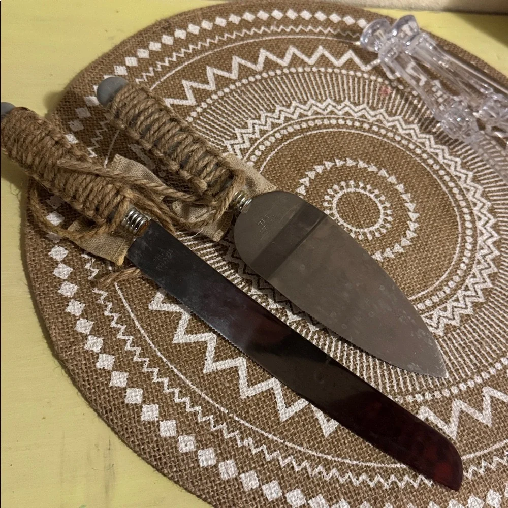 Burlap & Twine wrapped Rustic on Stainless Steel cake knife, server & 3 plastic